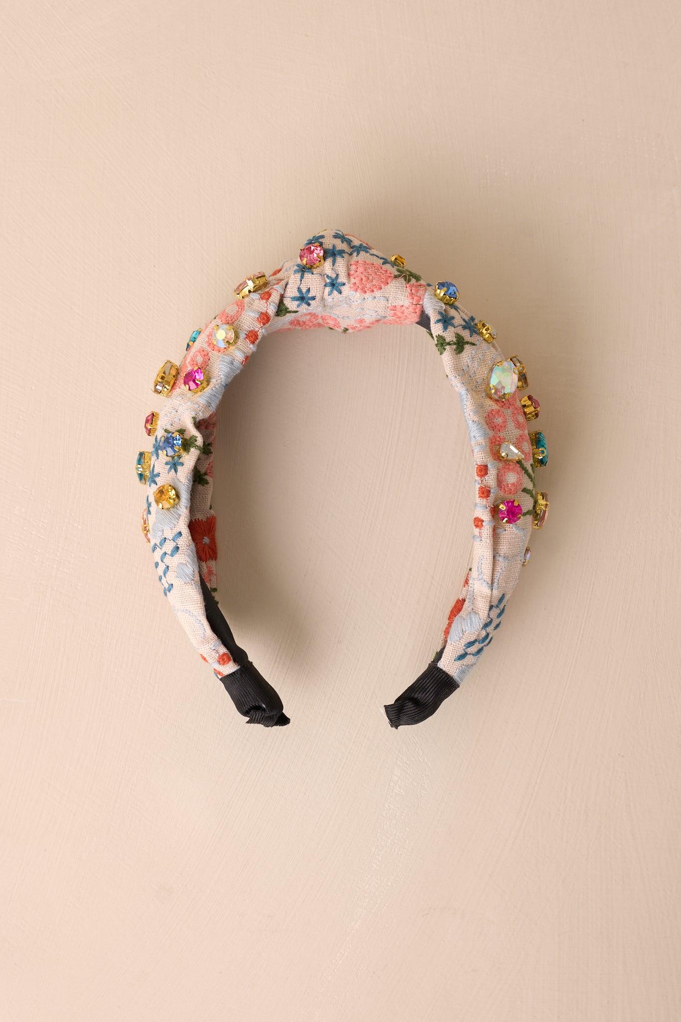 True To Yourself Beige Floral Embroidered Knot Headband Product Image