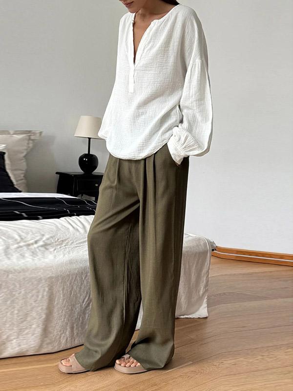 Loose Puff Sleeves Pleated Solid Color Split-Joint V-Neck Blouses&Shirts Tops Product Image