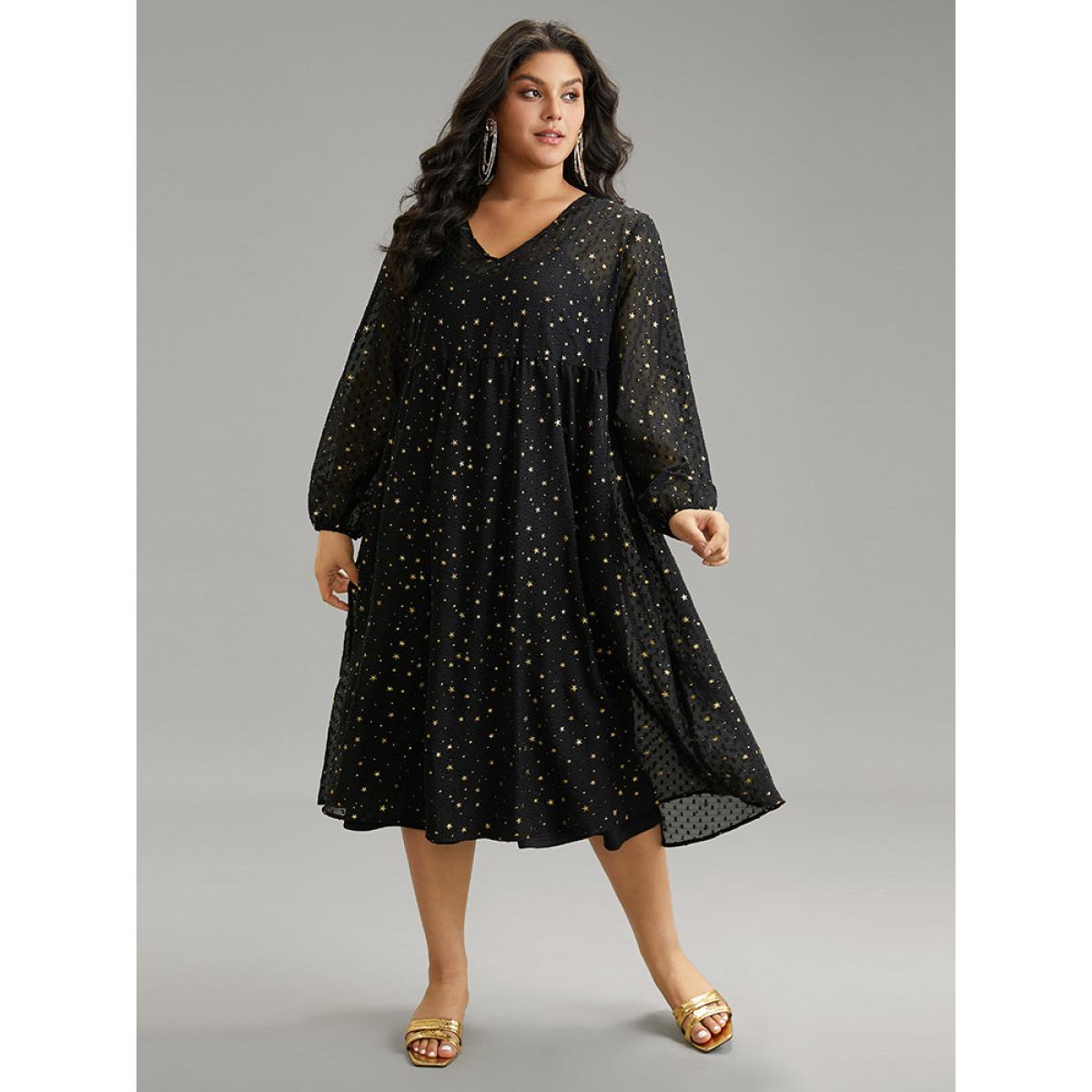 Plus Size Star Glitter Mesh Lantern Sleeve Ruffle Dress Black Women Party Elastic cuffs V-neck Long Sleeve Curvy Midi Dress BloomChic 18-20/2X Product Image
