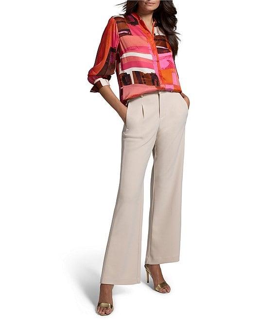 NIC + ZOE Artful Blocks Glossy Stand Collar Long Sleeve Blouse Product Image