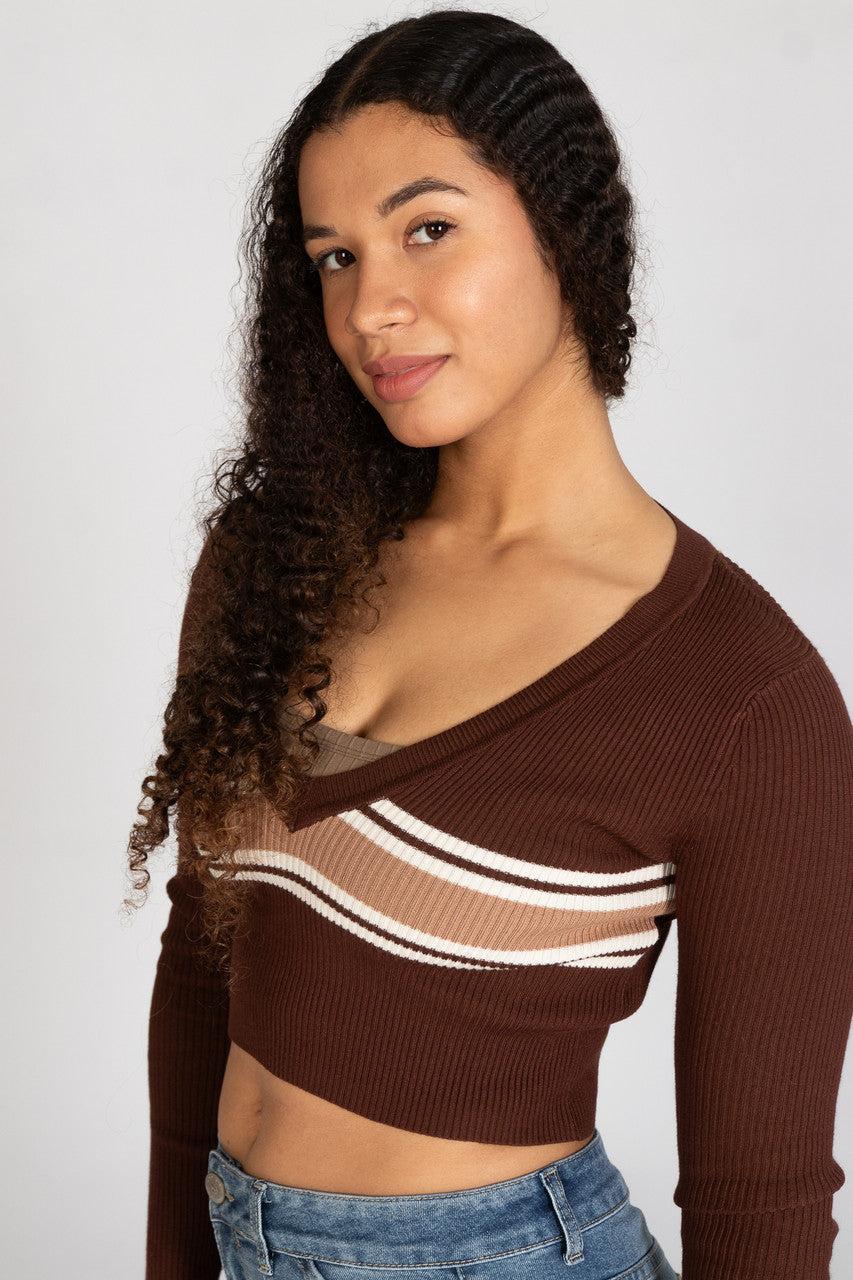 Ribbed V Neck Stripe Sweater Product Image