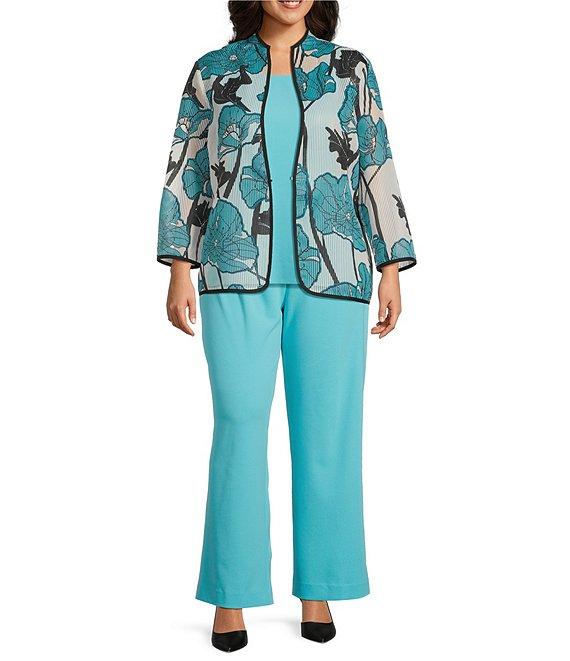 Ming Wang Plus Floral Sheer Floral Stripe Stand Collar Bracelet Sleeve Jacket Product Image