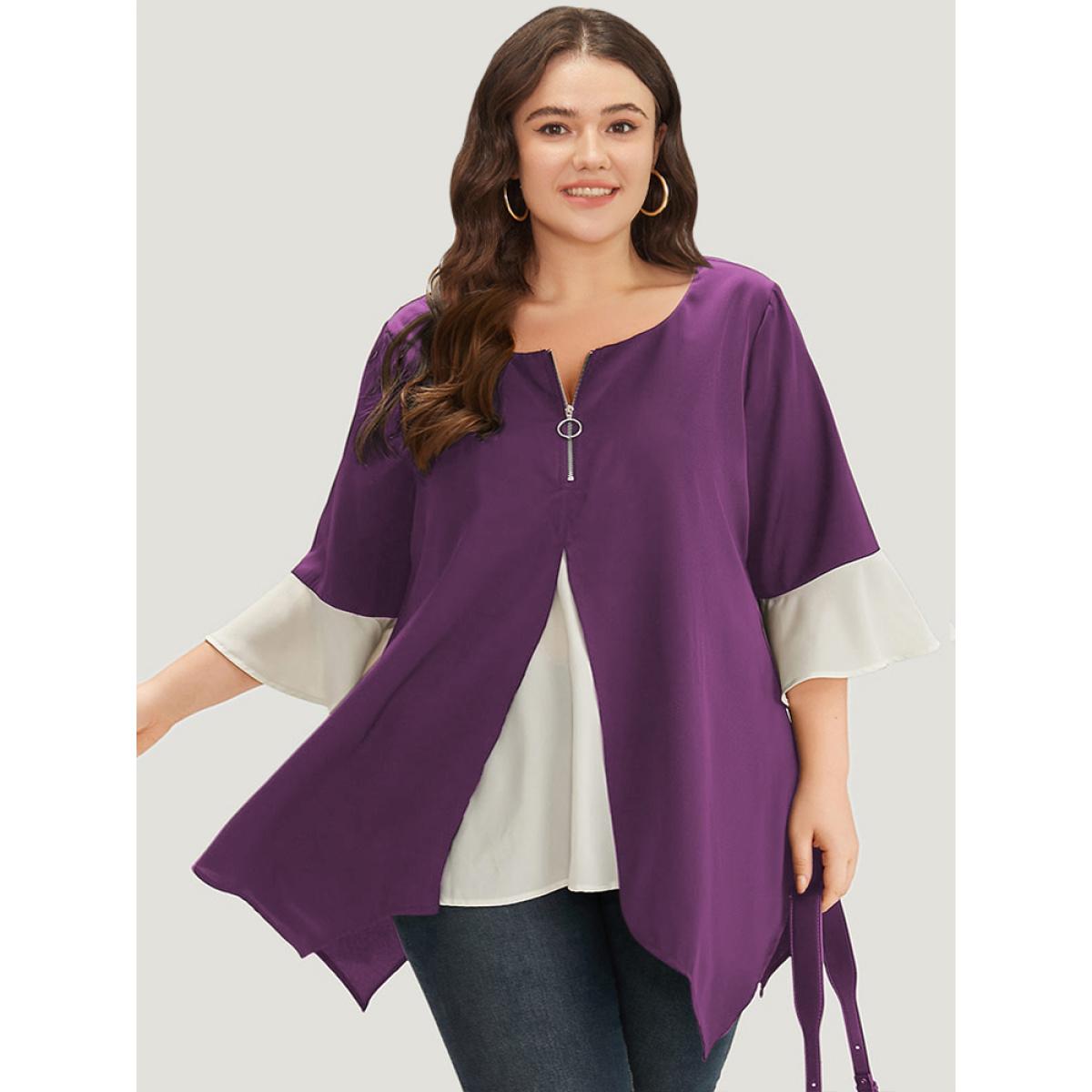 Plus Size DarkGreen Anti-Wrinkle Contrast Zip Up Flutter Sleeve Hanky Hem Blouse Women Office Half Sleeve Round Neck Office Blouses BloomChic 30/6X Product Image
