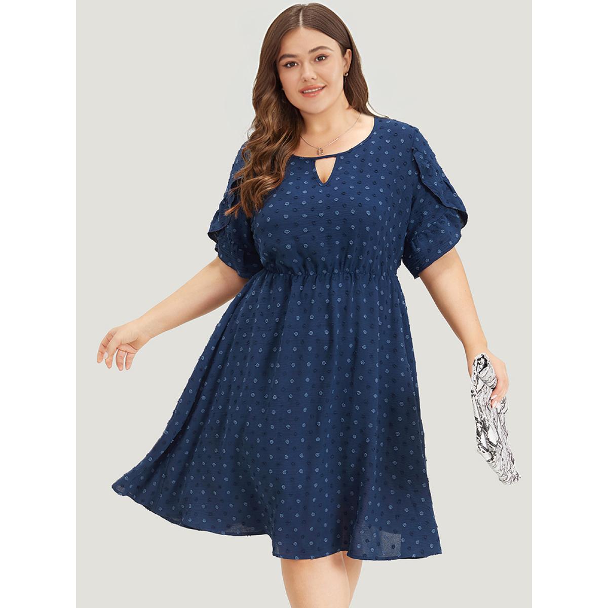 Plus Size Polka Dot Pocket Cut Out Petal Sleeve Dress DarkBlue Women Office Plain Round Neck Short sleeve Curvy Midi Dress BloomChic 12/L Product Image