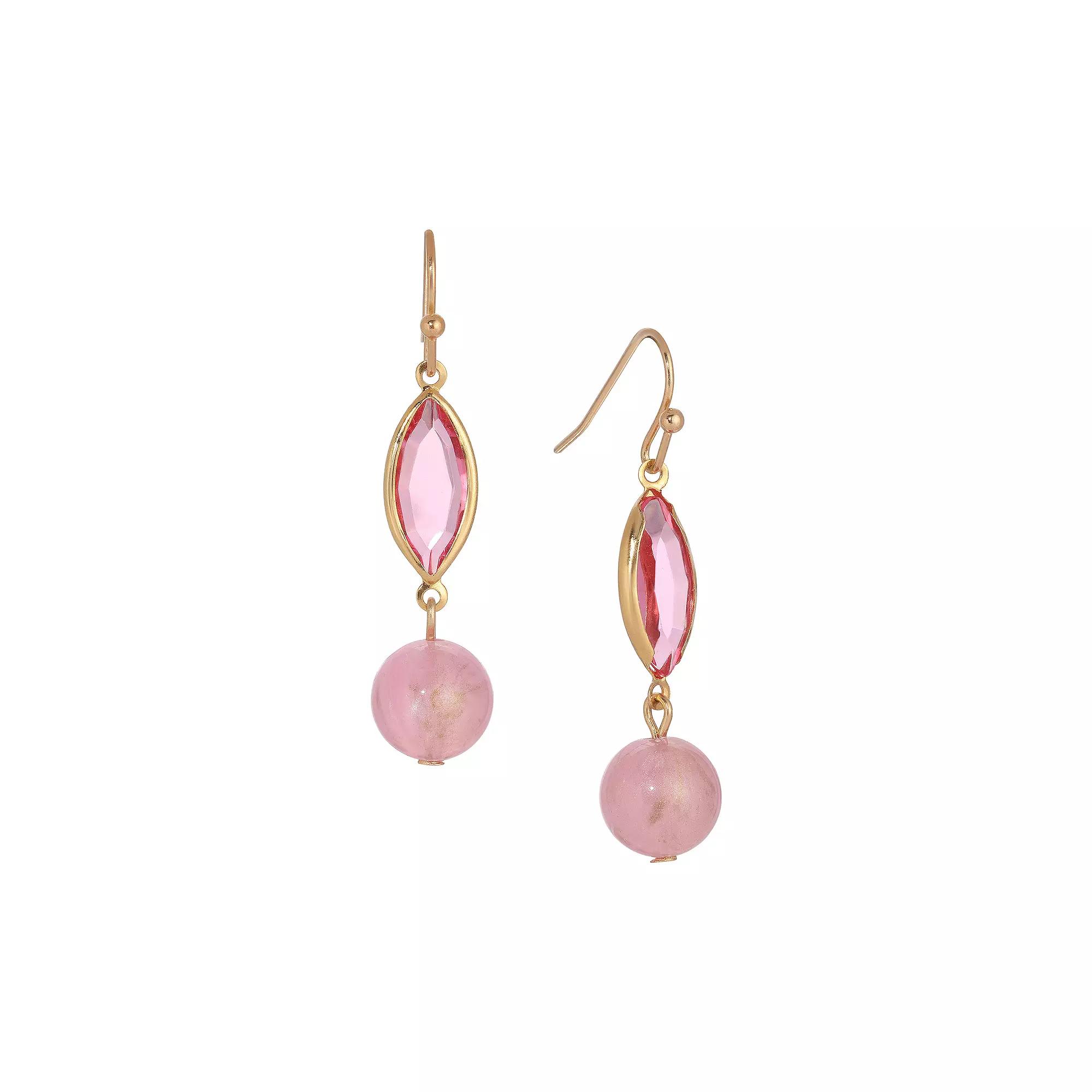1928 Gold Tone Pink Bead & Facet Drop Wire Earrings, Women's Product Image