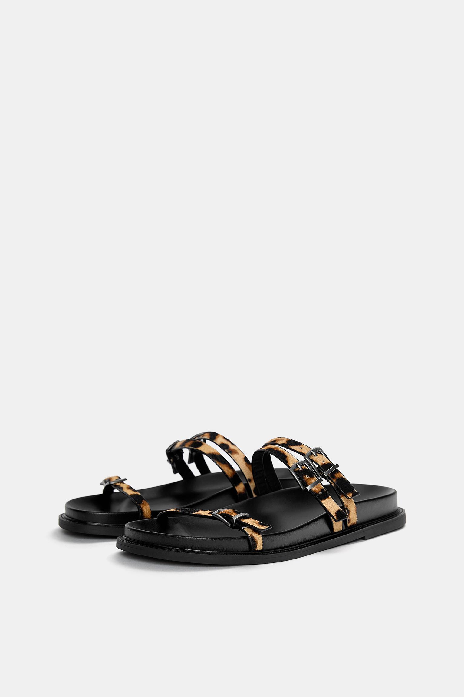 Leopard print leather flat slider sandals Product Image