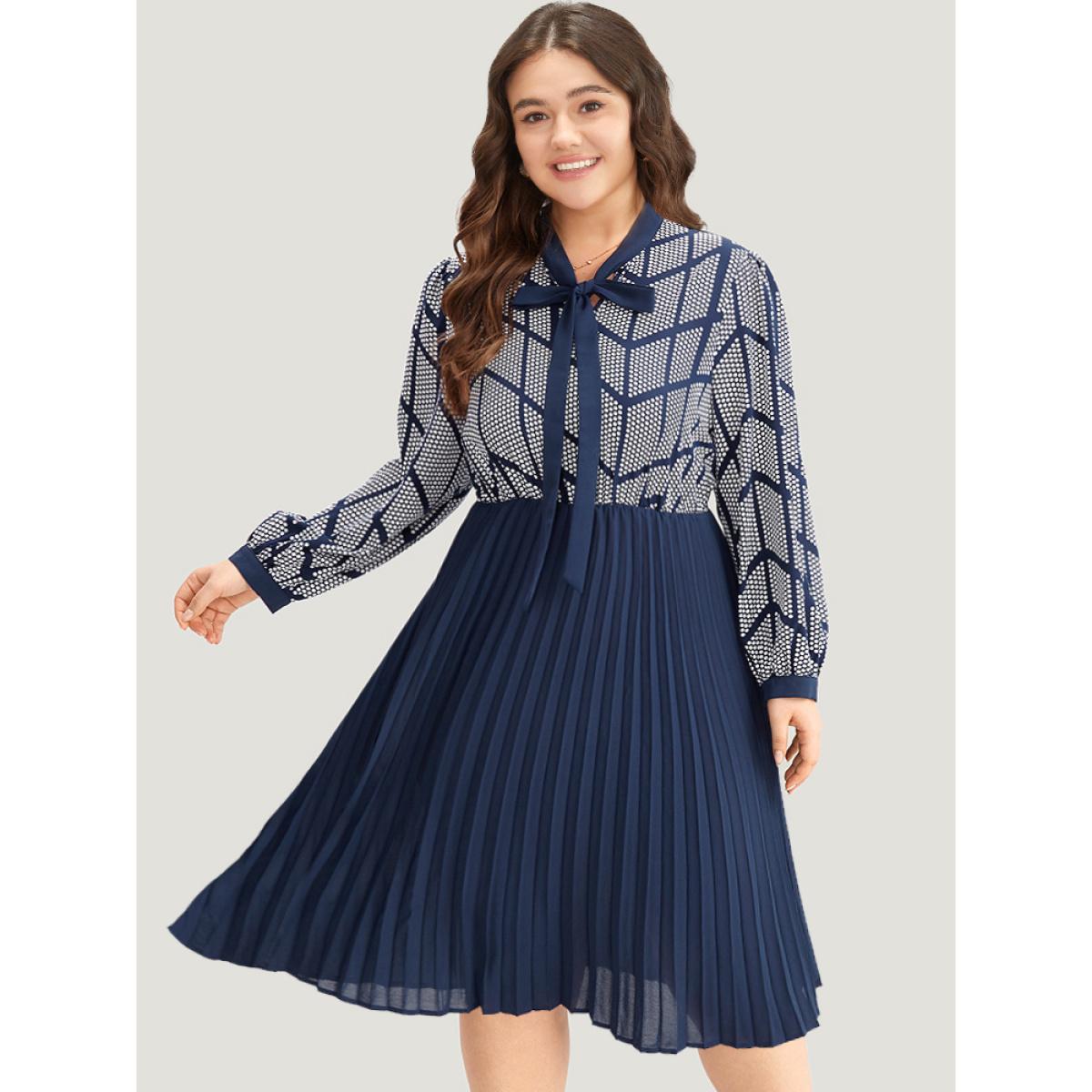 Plus Size Contrast Patchwork Ties Pleated Dress Indigo Women Office Printed Tie Neck Long Sleeve Curvy Midi Dress BloomChic 30/6X Product Image