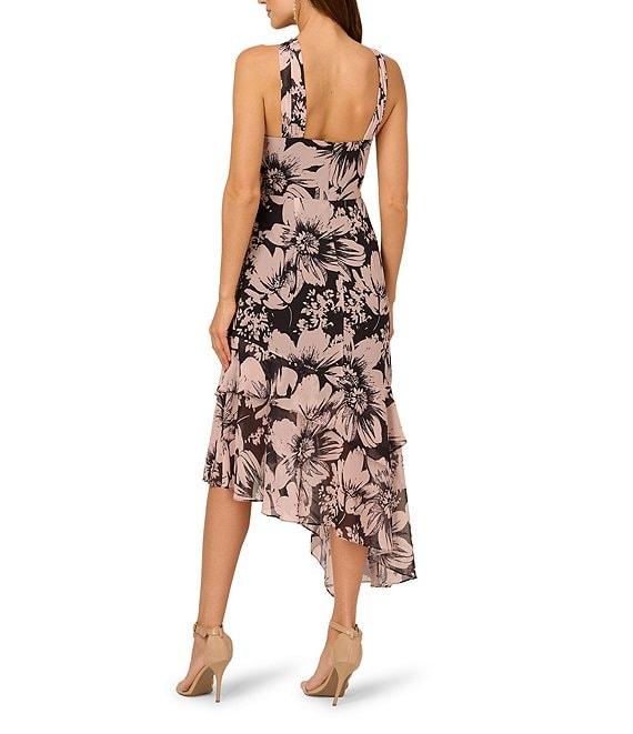 Adrianna Papell Halter Neck Sleeveless Floral Chiffon Asymmetrical Hem Midi Dress Product Image