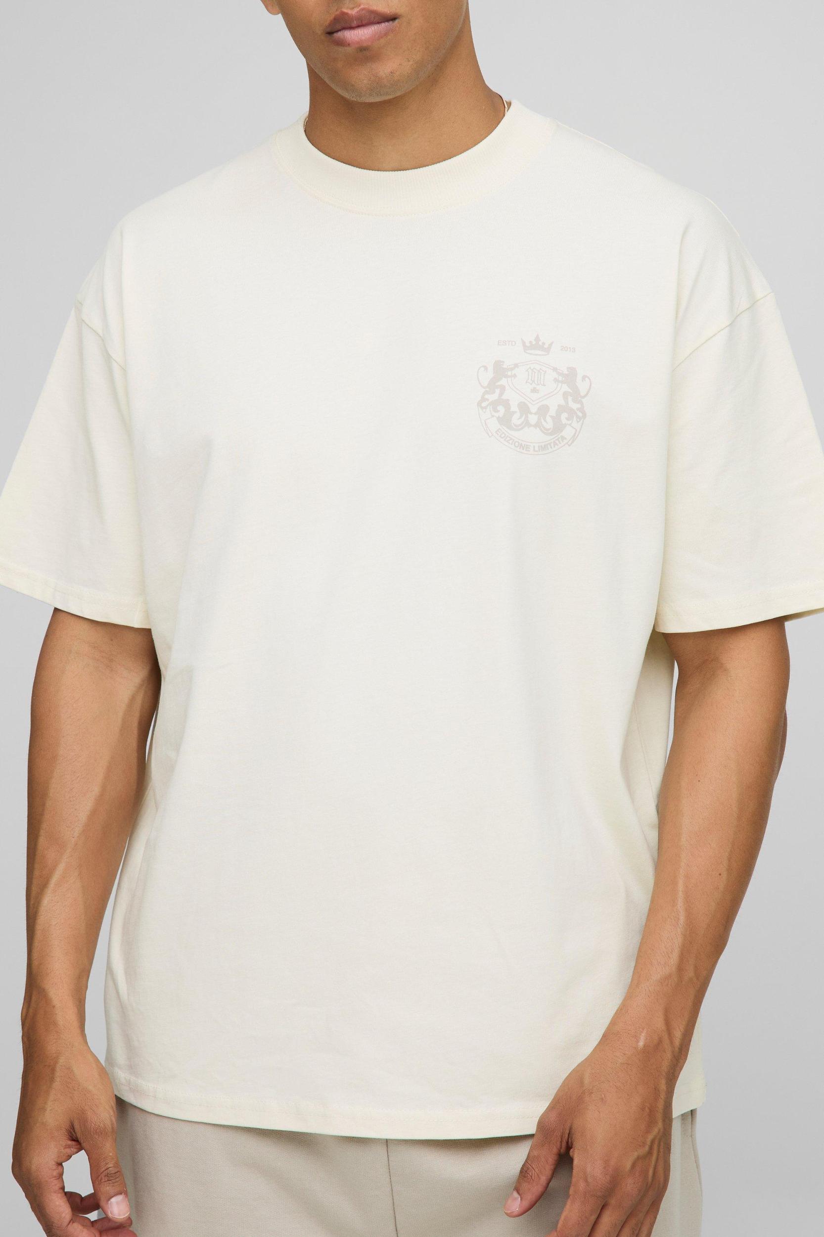 Ecru Oversized Extended Neck Tonal Flock Amalfi T-Shirt | boohooMAN USA Product Image