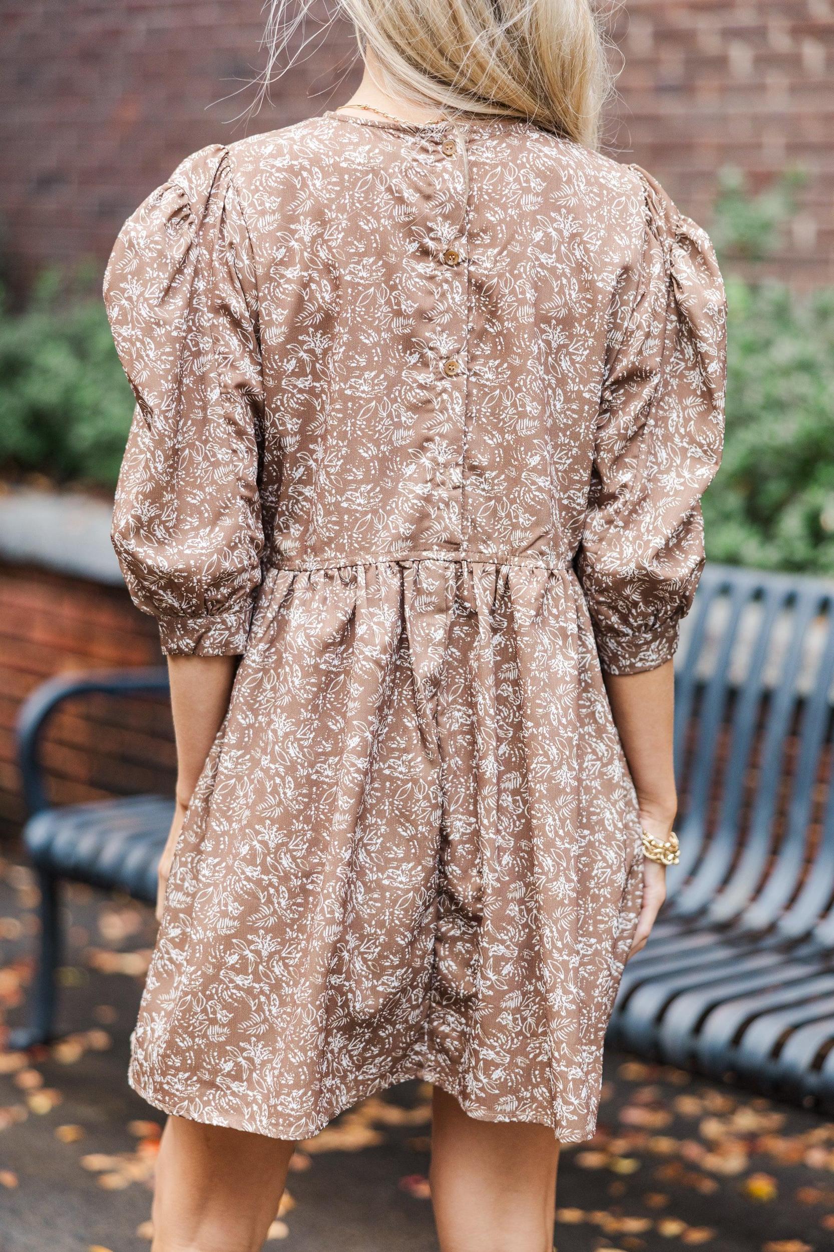 Oh So Thankful Butterscotch Brown Ditsy Floral 3/4 Sleeve Dress Female Product Image