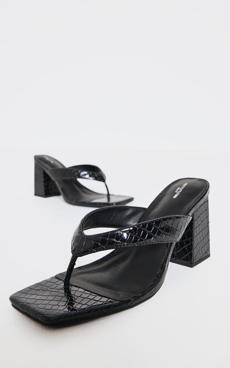 Wide Fit Black Croc Pu Square Toe Thong Block Mid Heeled Mules Product Image