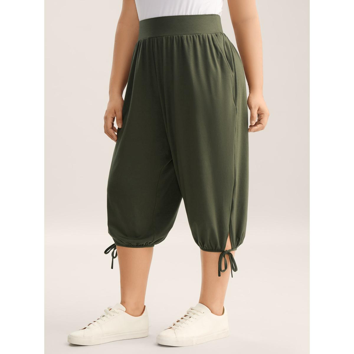 Plus Size Keyhole Hem Ties Jogger Pants Women ArmyGreen Leisure Mid Rise Casual Pants BloomChic 12/L Product Image