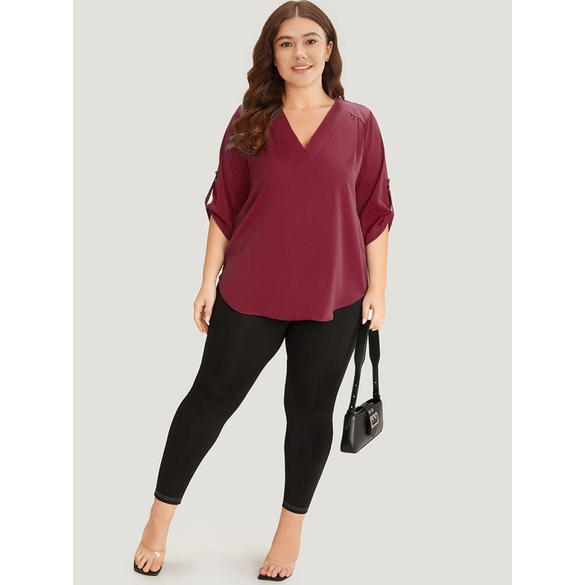 Plus Size Indigo Solid Cuffed Sleeve Gathered Curved Hem Blouse Women Office Elbow-length sleeve V-neck Work Blouses BloomChic 30/6X Product Image