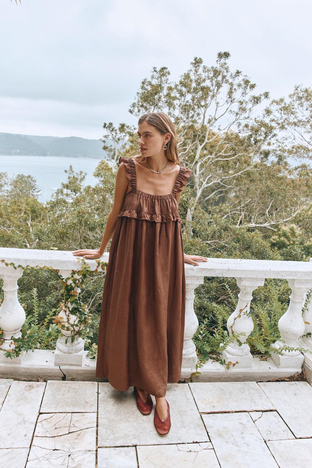 Rossana Linen Maxi Dress Chocolate Product Image