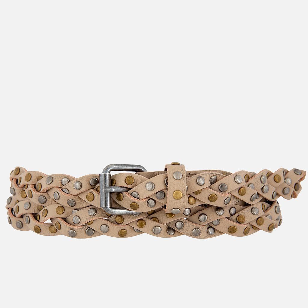Amara | Silver Buckle Studded Braided Leather Belt Women: Taupe Product Image