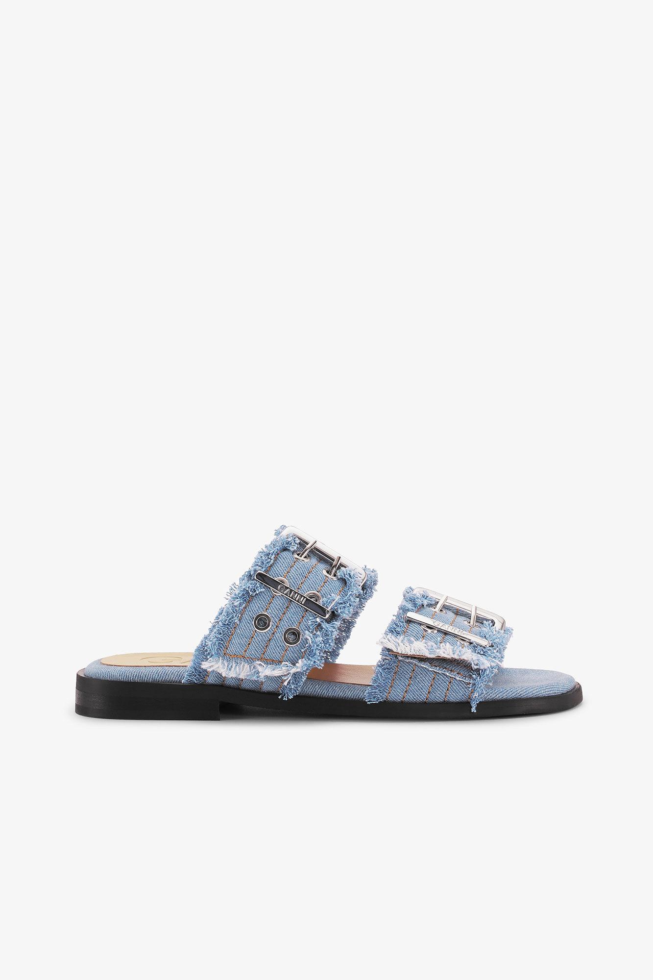 Blue Denim Feminine Buckle Two-Strap Sandals Product Image