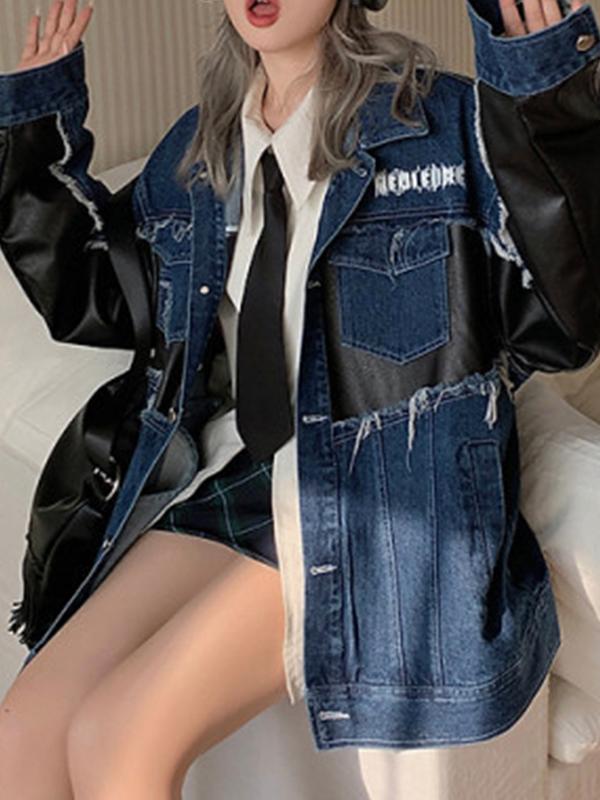 Leather Splice Raw Trim Denim Jacket Product Image