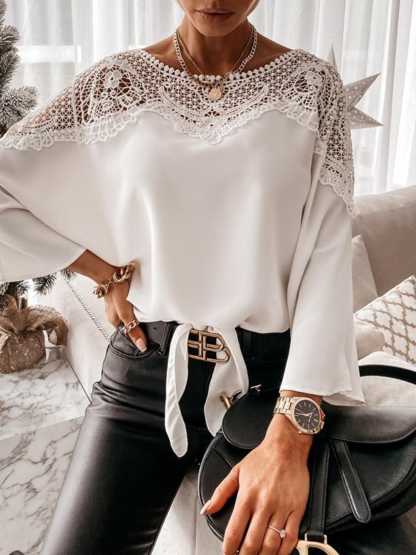 Long Sleeves Loose Solid Color Split-Joint Round-Neck Blouses&Shirts Tops Product Image