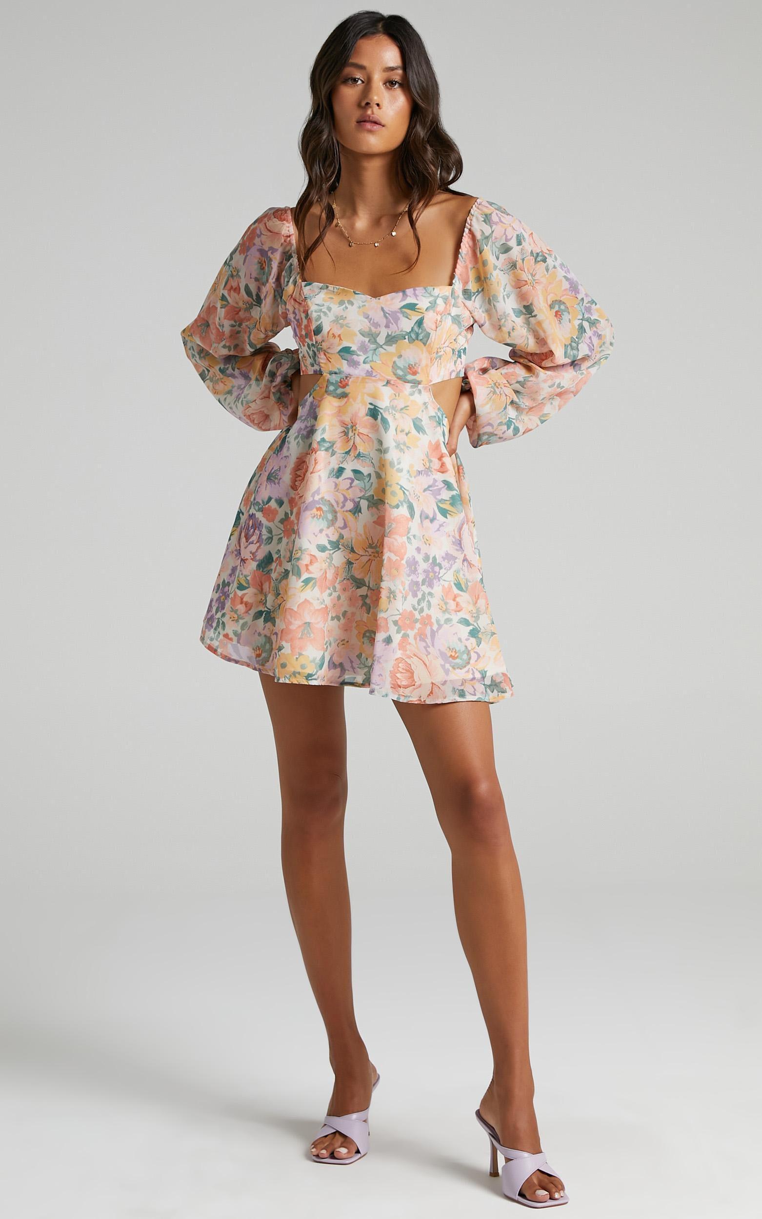 Ebonee Mini Dress - Puff Sleeve Cut Out Dress in Flower Crown Product Image