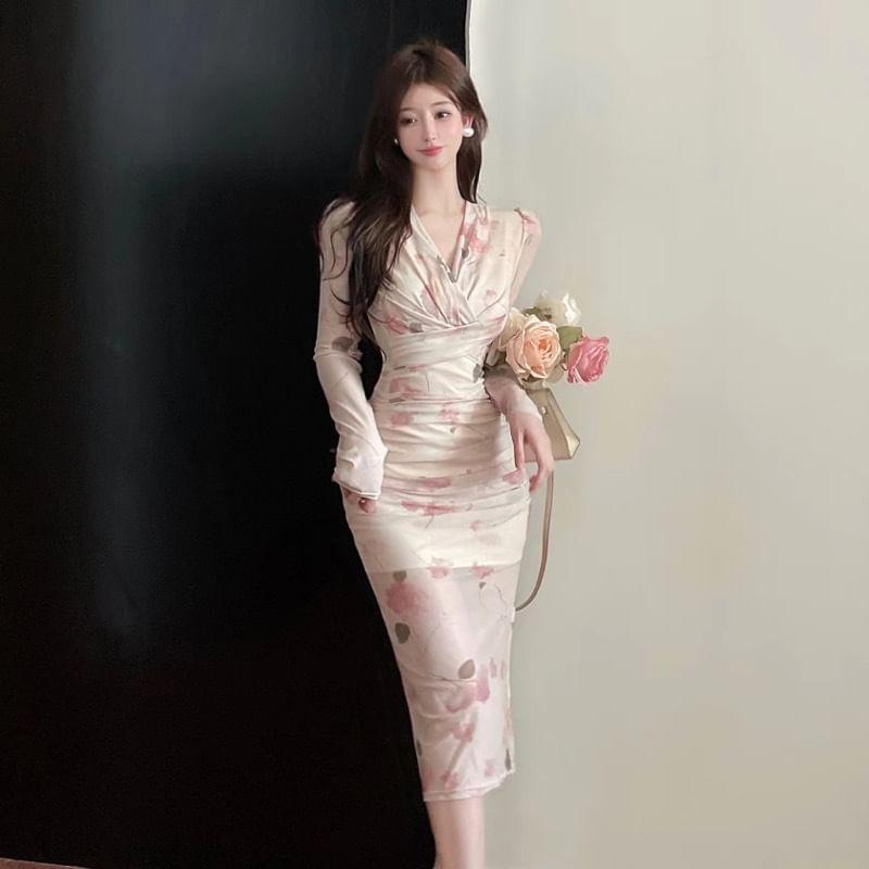 Long Sleeve V-Neck Floral Print Ruched Slit Mesh Midi Sheath Dress Product Image