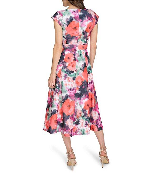 Calvin Klein Scuba Crepe V Neck Short Sleeve Belted A Line Midi Dress Product Image