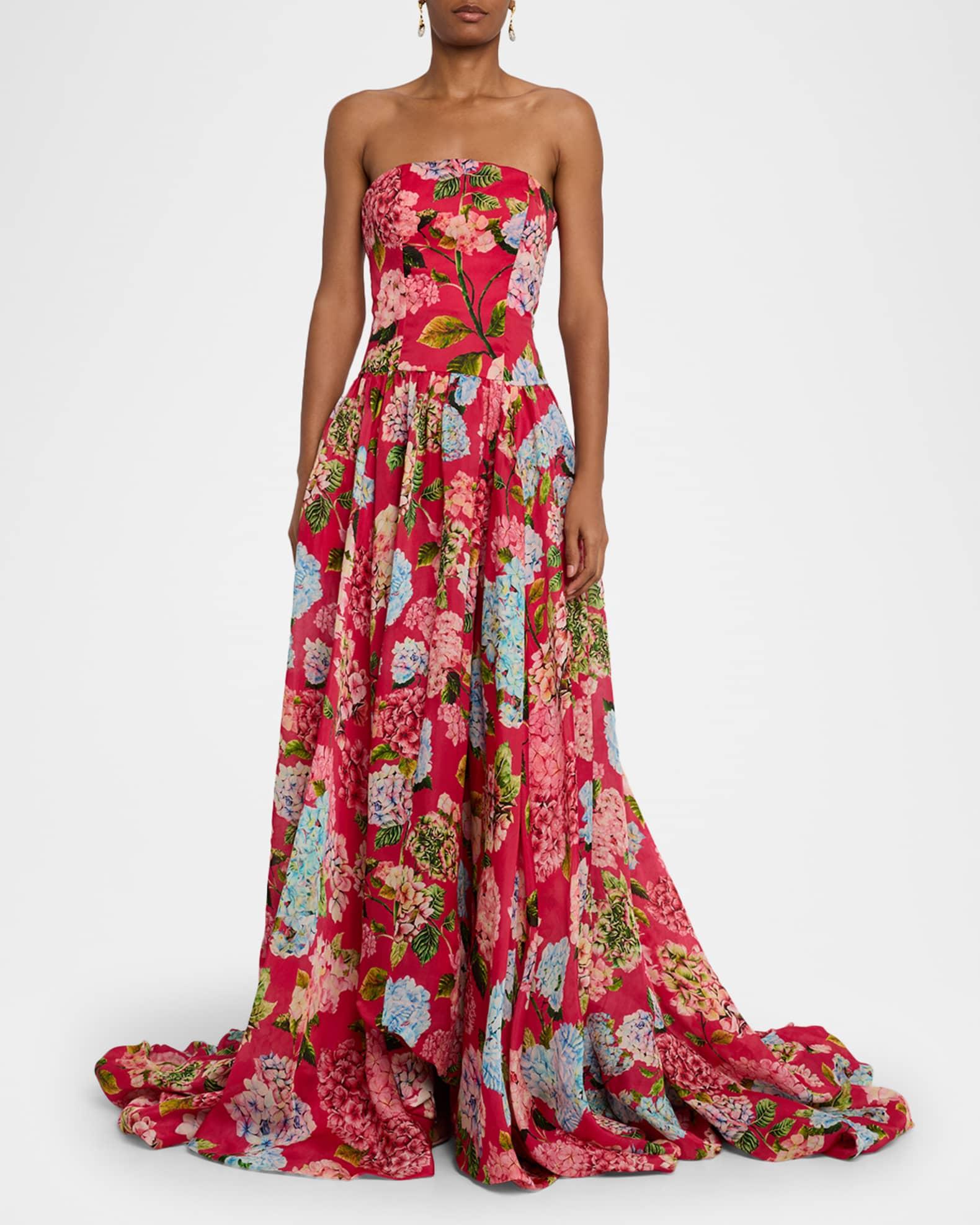 Hydrangea-Print Silk Organza Drop-Waist Gown Product Image