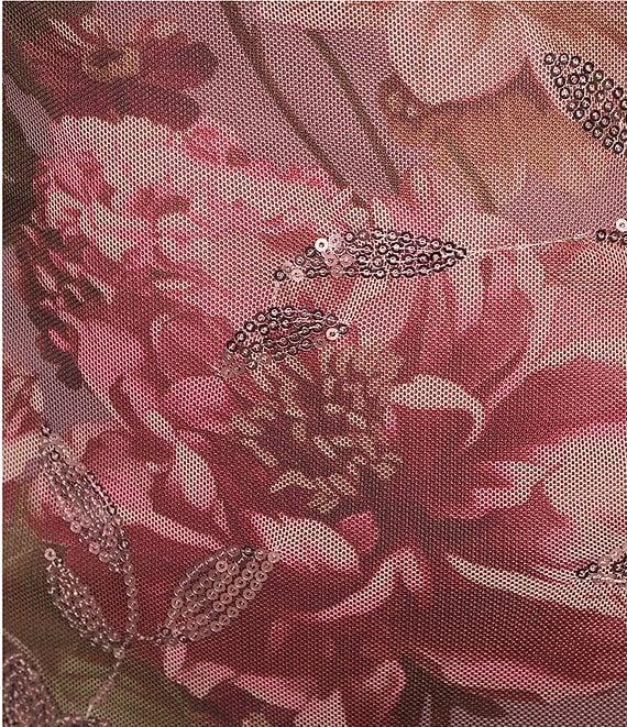 Honey and Rosie Floral Printed Mesh Sequin Lace Trim Cowl Neck Open Drape Back Midi Dress Product Image