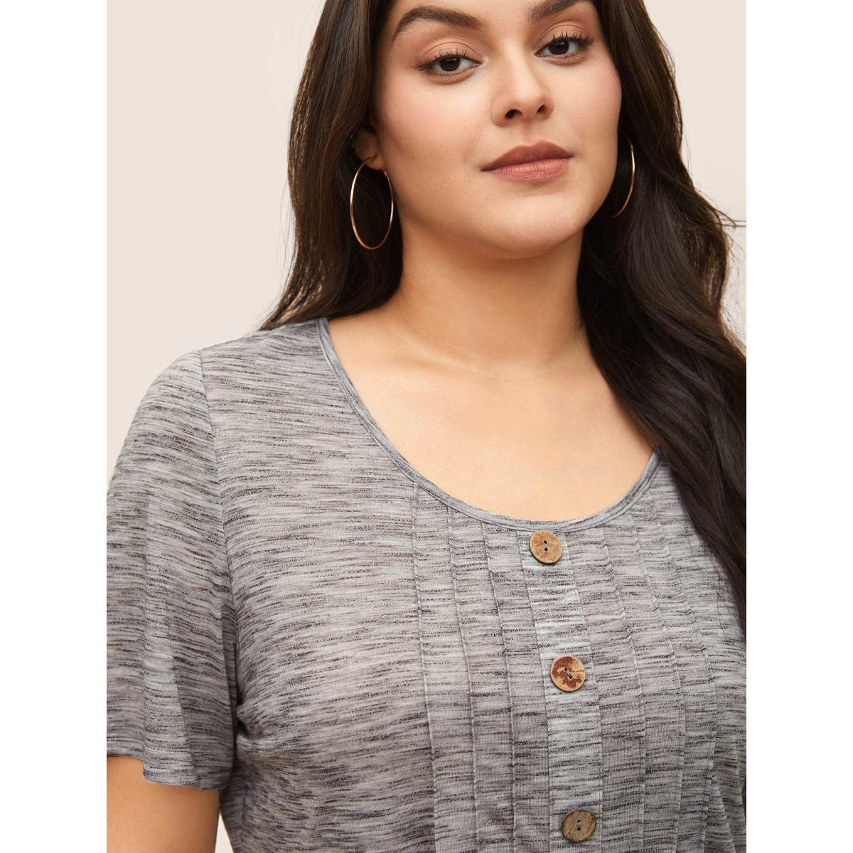 Plus Size Round Neck Heather Pleated Button Detail T-shirt LightGray Women Casual Button Plain Round Neck Everyday T-shirts BloomChic 28/5X Product Image