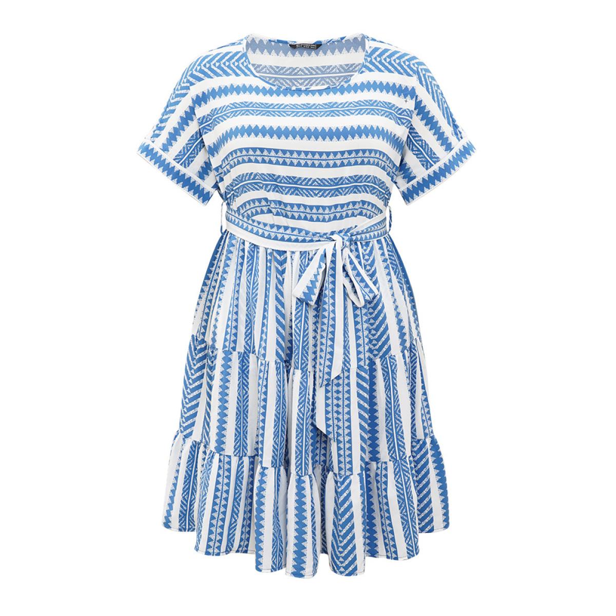 Plus Size Striped Geo Pocket Belt Pocket Layered Hem Dress LightBlue Women Vacation Tiered Round Neck Short sleeve Curvy Knee Dress BloomChic 26/4X Product Image