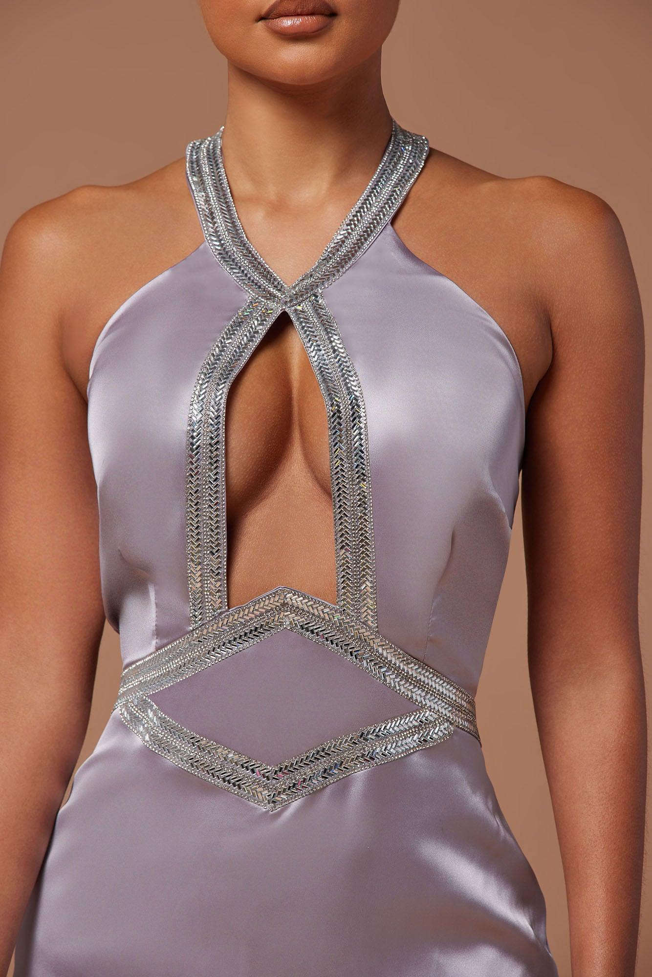 Marnee Satin Embellished Gown - Grey Product Image