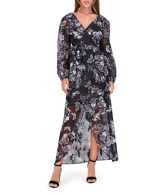 SIENA V-Neck Long Sleeves Floral Print Chiffon Faux Wrap Midi Dress Product Image
