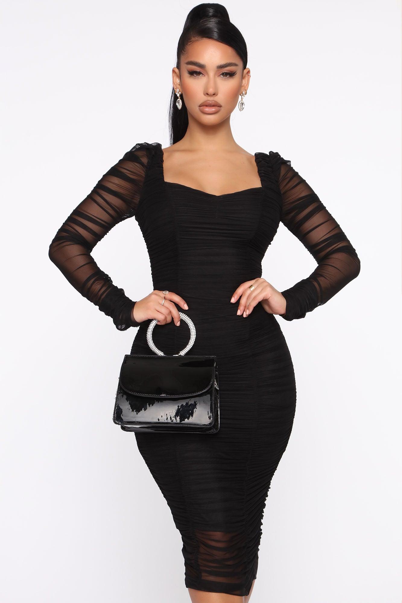 Did You Mesh Me Ruched Midi Dress - Black/Black Product Image