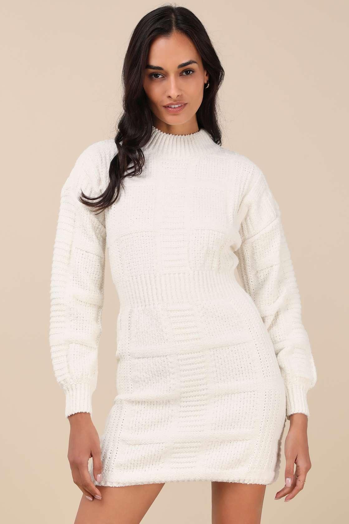 Patchwork It Cream Cable Knit Cutout Sweater Dress Product Image