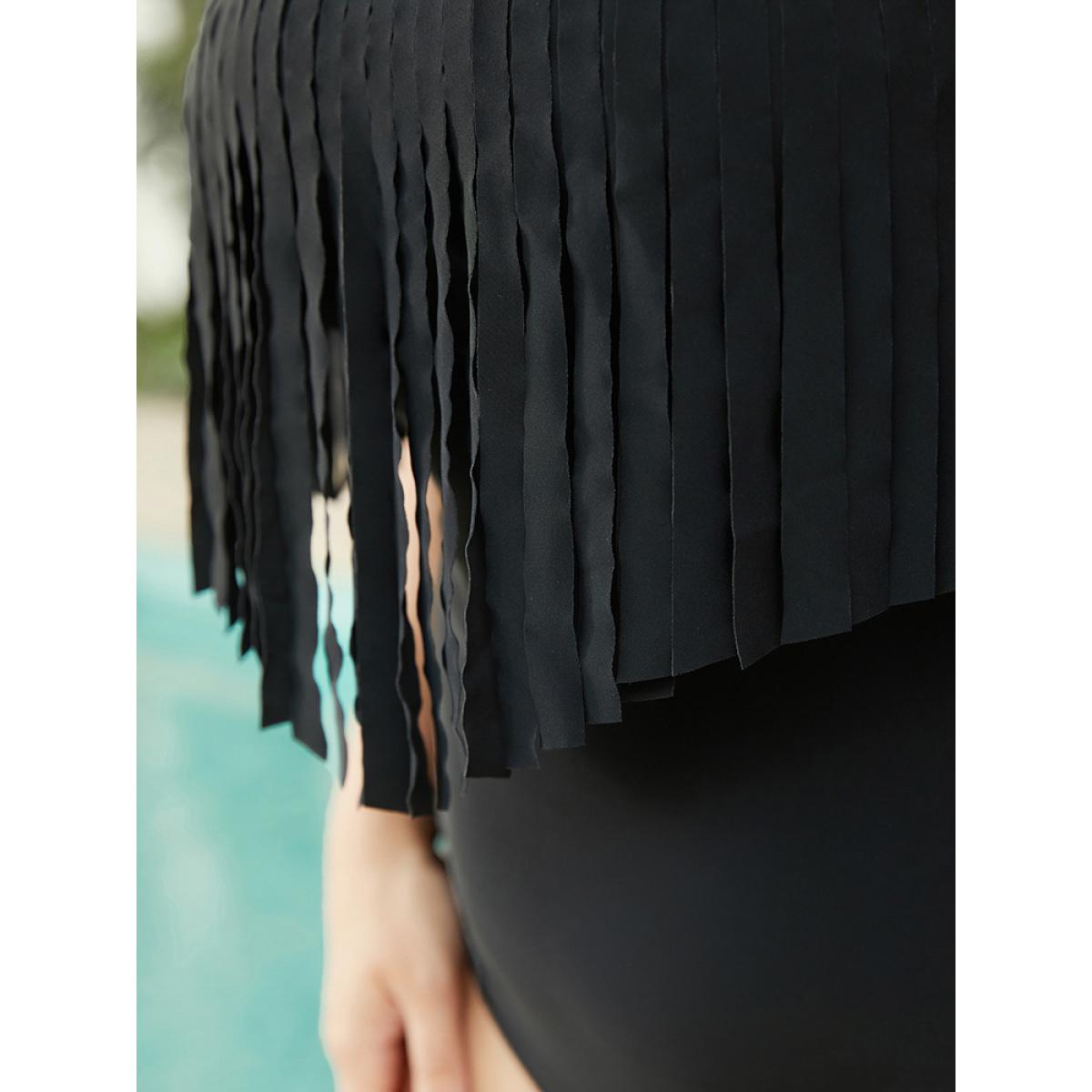 Plus Size Cold Shoulder Fringe Trim One Piece Swimsuit Women's Swimwear Black Vacation Adjustable Straps Curve Bathing Suits High stretch One Pieces BloomChic 12/L Product Image