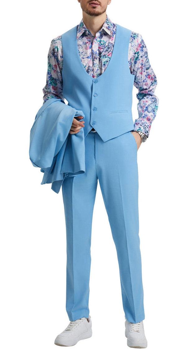 Stacy Adams - Sky Blue 3 Piece Hybrid Fit Suit With Expandable Waist Band Product Image