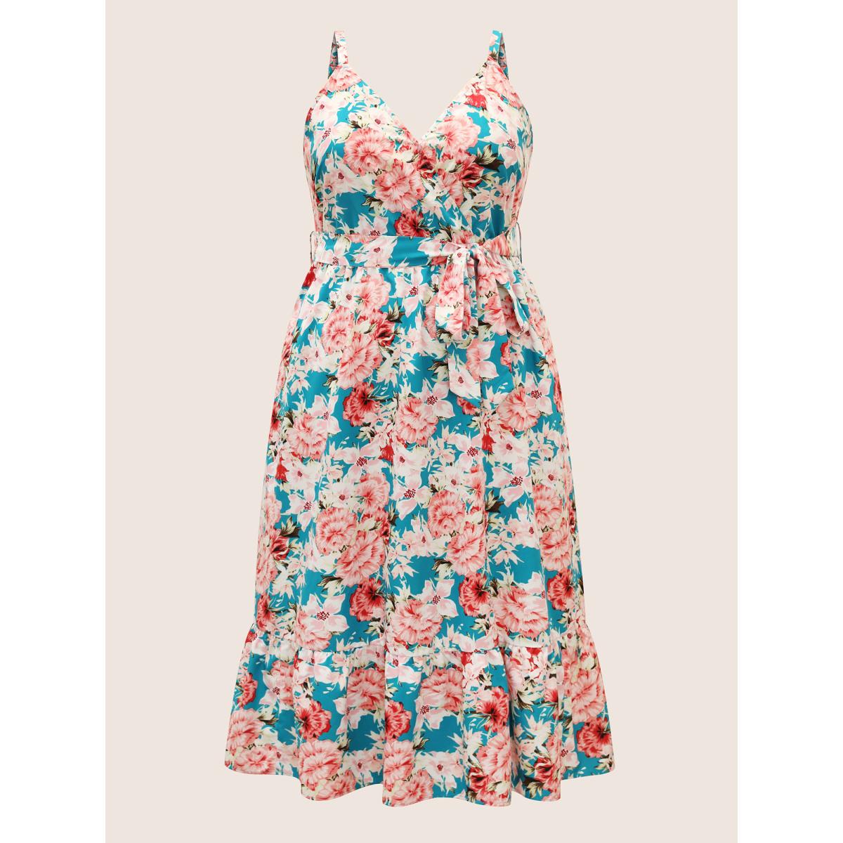 Plus Size Floral Print Wrap Belted Cami Dress Cerulean Women Elegant Overlapping Non Sleeveless Curvy Midi Dress BloomChic 26/4X Product Image