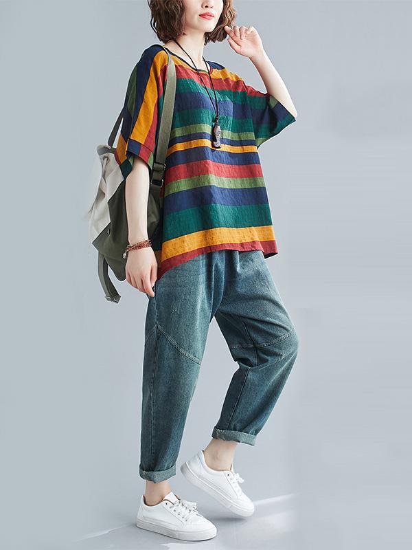 Rainbow Stripe Batwing Sleeves T-Shirts Tops Product Image