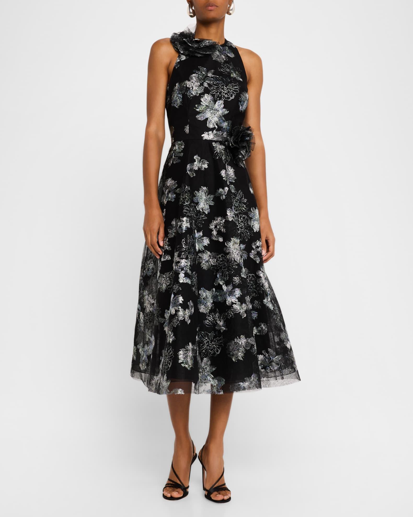 Metallic Floral-Embroidered Tulle Midi Dress Product Image