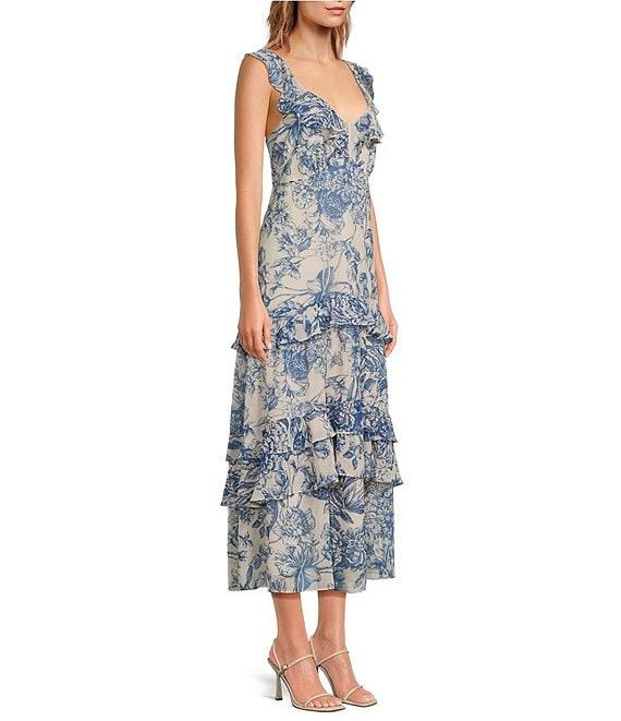 Lucy Paris Cassandra Floral Print Sweetheart Neck Ruffle Tiered Midi Dress Product Image