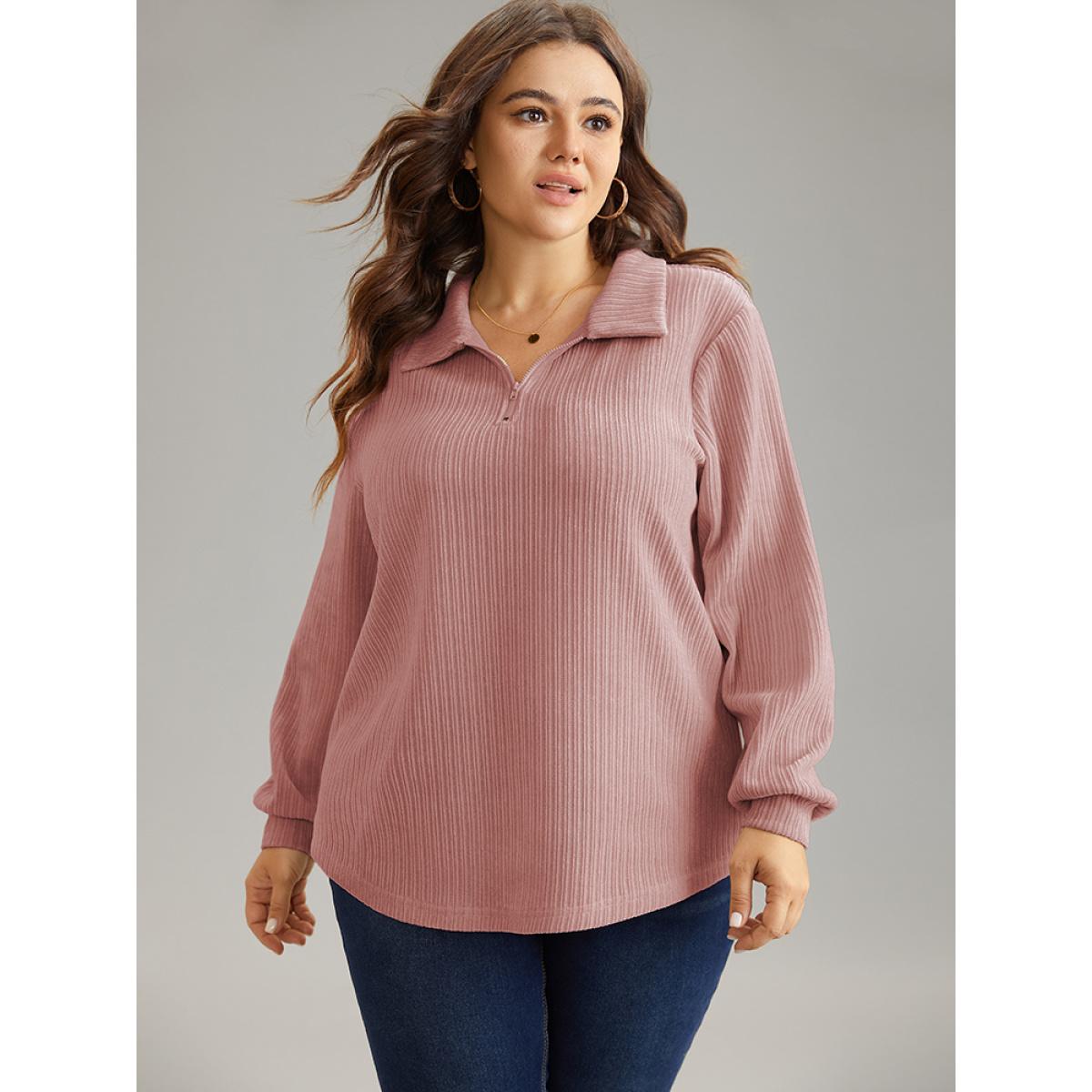 Plus Size Plain Heather Zipper Texture Polo Sweatshirt Women DustyPink Casual Texture Polo Dailywear Sweatshirts BloomChic 12/L Product Image