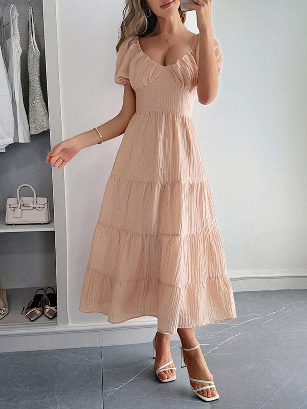 A-Line Loose Backless Pleated Solid Color Tied V-Neck Midi Dresses Product Image