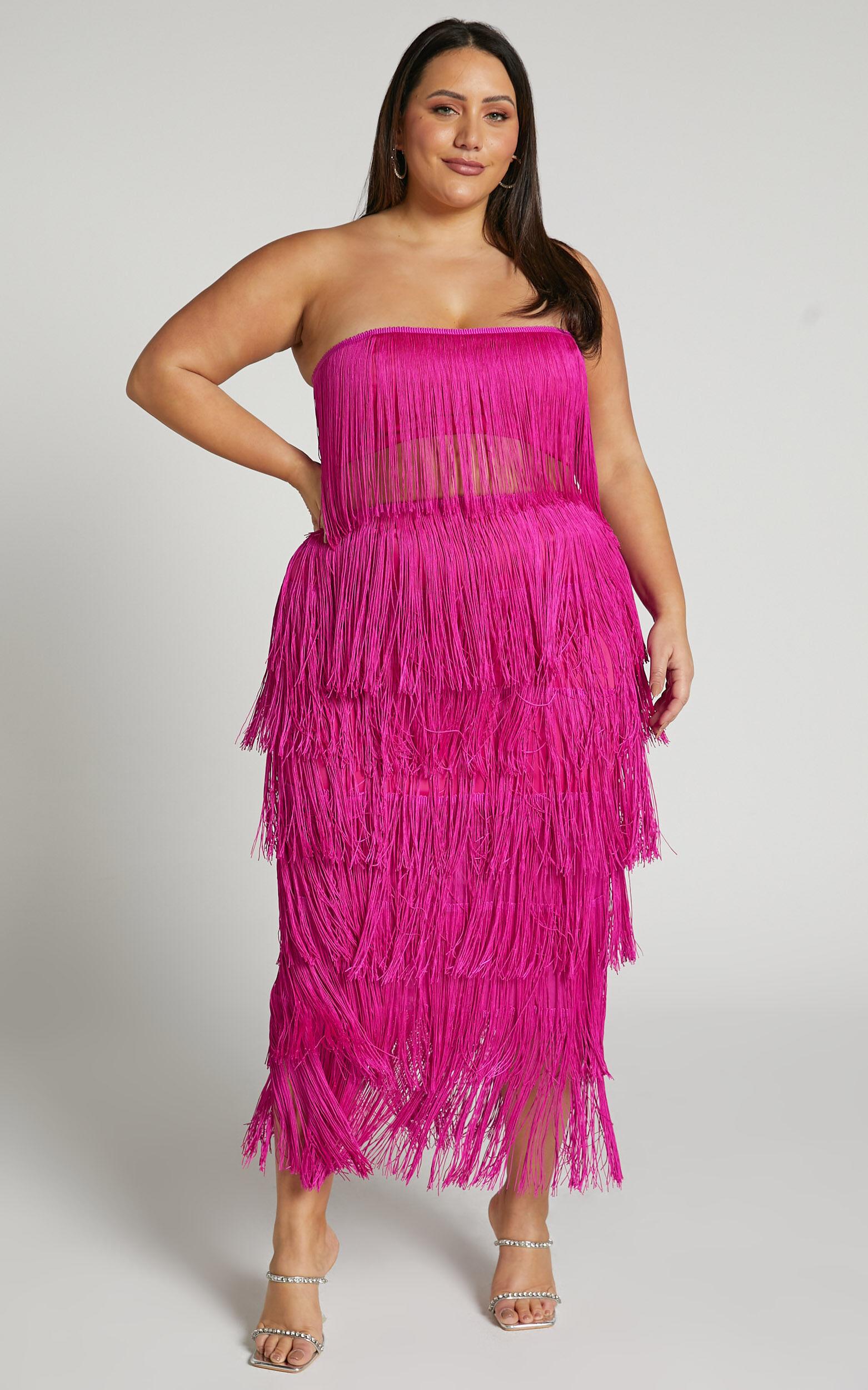 Amalee Two Piece Set - Fringe Strapless Crop Top and Midi Skirt Set in Pink Product Image