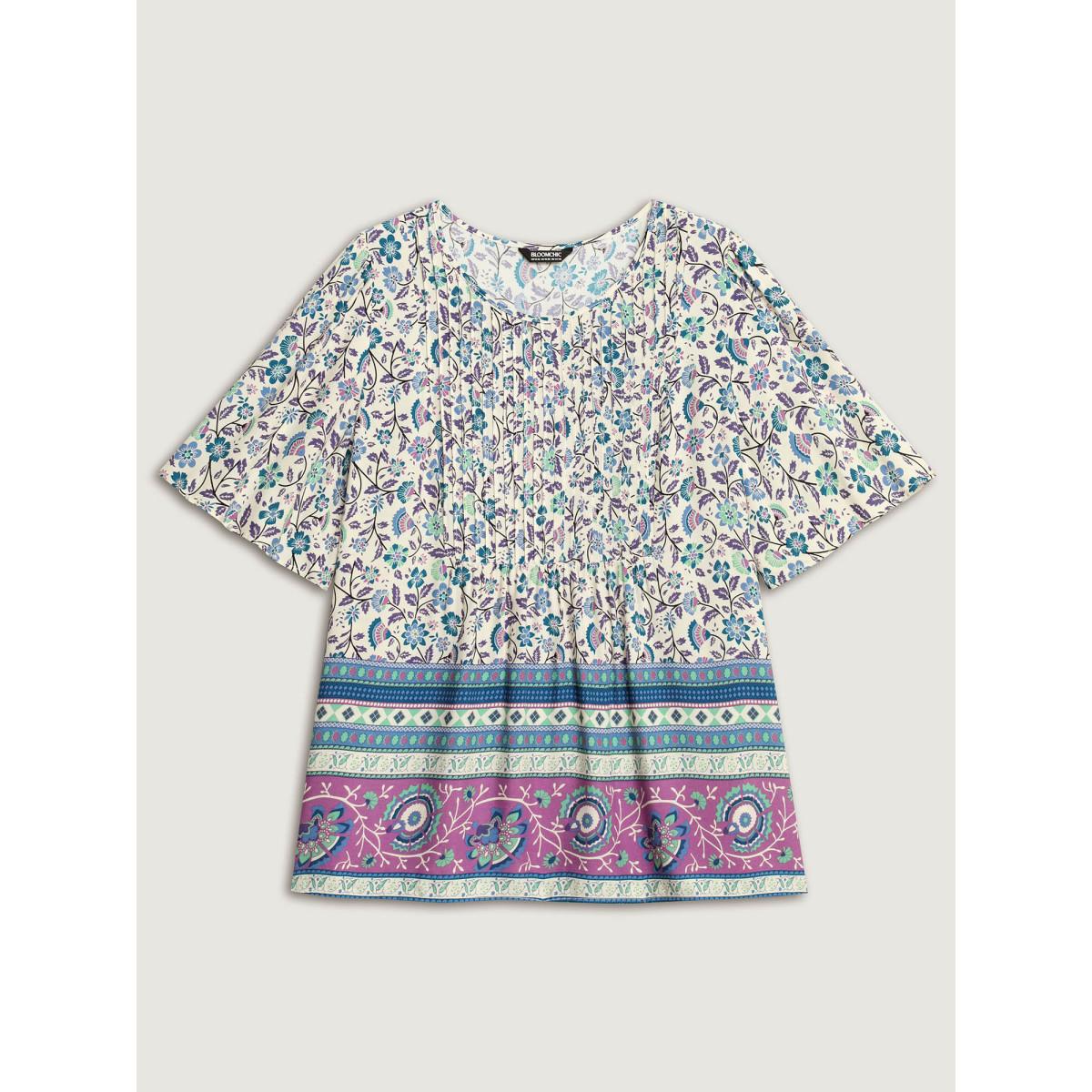 Plus Size Aegean Rayon Pleated Floral Print Blouse Women Boho Half Sleeve Round Neck Vacation Blouses BloomChic 12/L Product Image