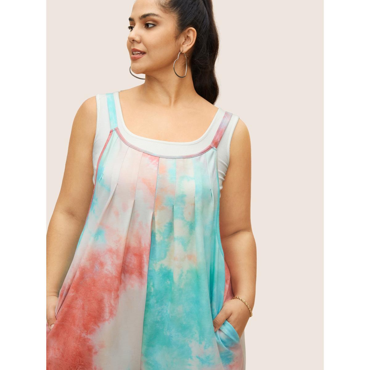 Plus Size Peach U Neck Tie Dye Pocket Pleated Jumpsuit Women Casual Sleeveless U-neck Everyday Loose Jumpsuits BloomChic 10/M Product Image