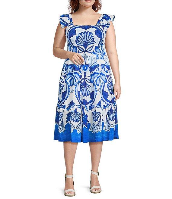 Vince Camuto Plus Size Smocked Square Neck Sleeveless Printed Fit And Flare Midi Dress Product Image
