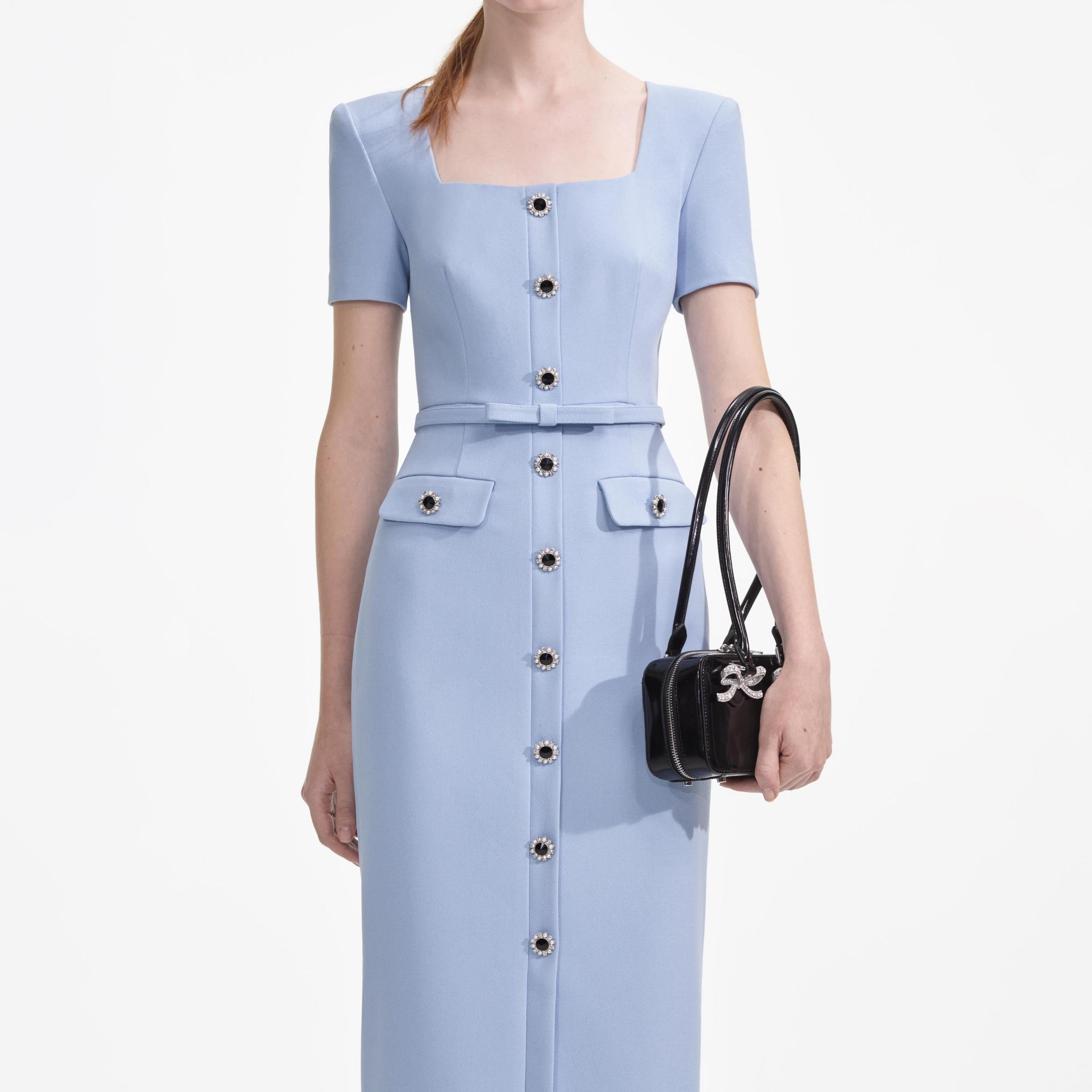 Blue Crepe Button Midi Dress Product Image