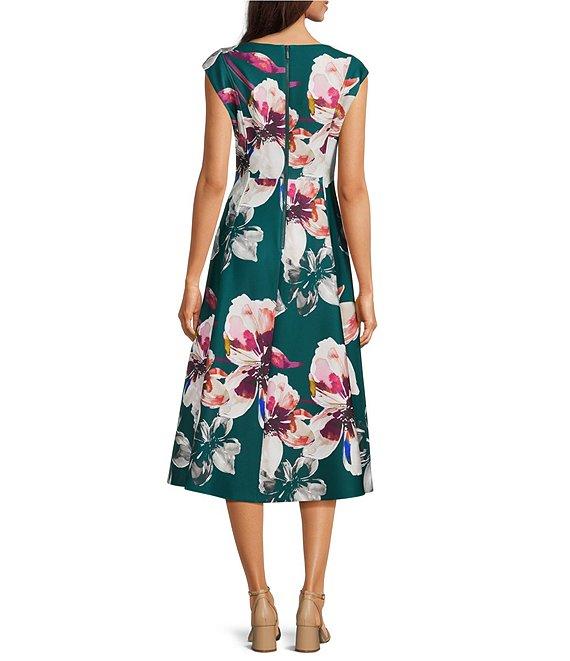 Calvin Klein Boat Neck Scuba Crepe A-Line Floral Midi Dress Product Image
