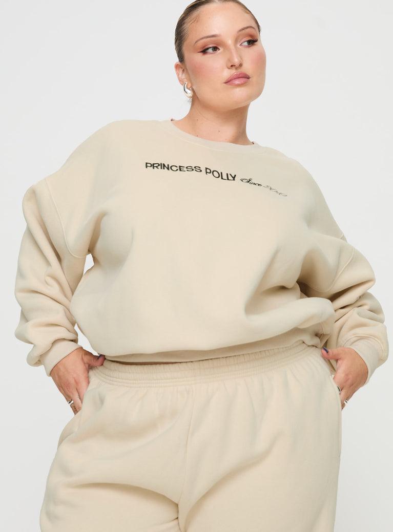 Princess Polly Crew Neck Sweatshirt Block / Cursive Text Stone Curve Product Image