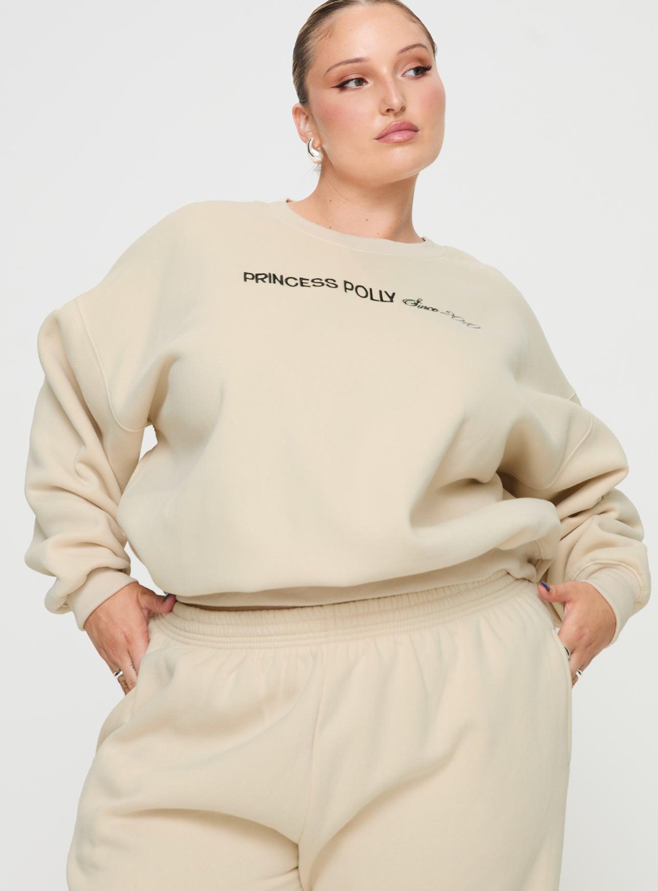 Princess Polly Crew Neck Sweatshirt Block / Cursive Text Stone Curve Product Image