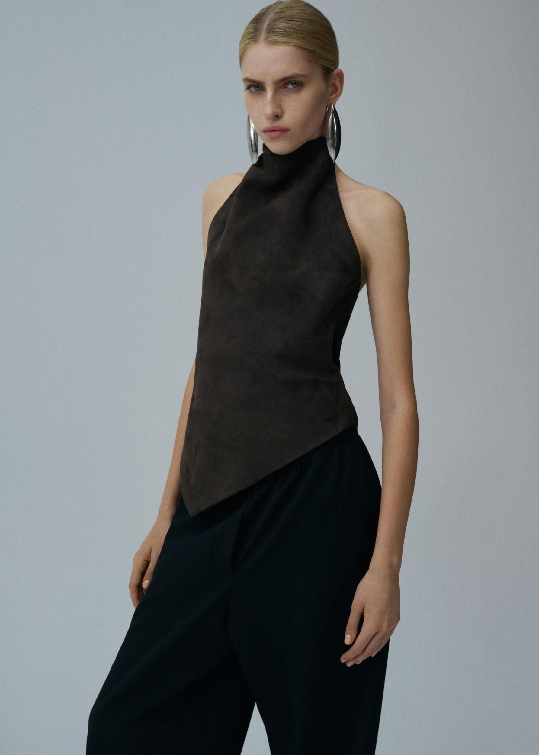 Asymmetric halter top in brown suede Product Image